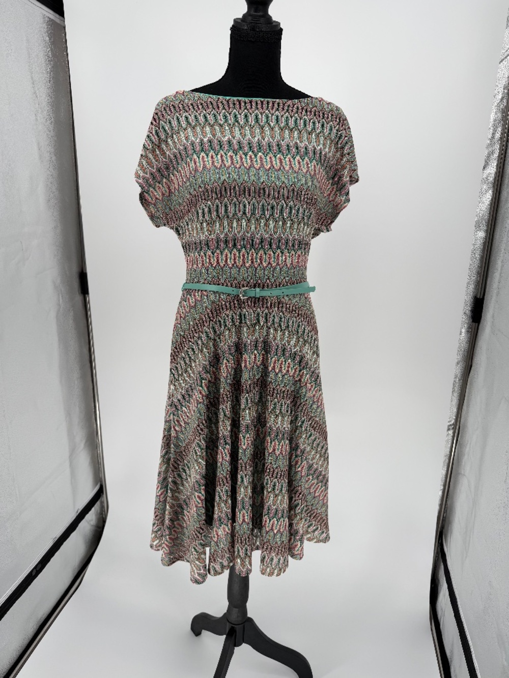 Evan-Picone Chevron Knit Boatneck Fit & Flare Dress with Mint Belt 10